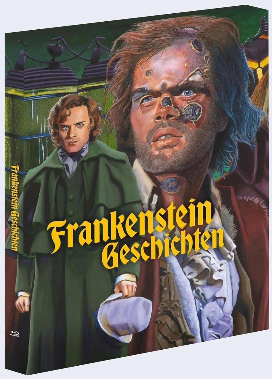 Filmcover: Frankenstein Geschichten. Zeigt zwei Männer, einen mit Gesichtsverletzungen. Der Text ist gelb. Grün- und Brauntöne dominieren.