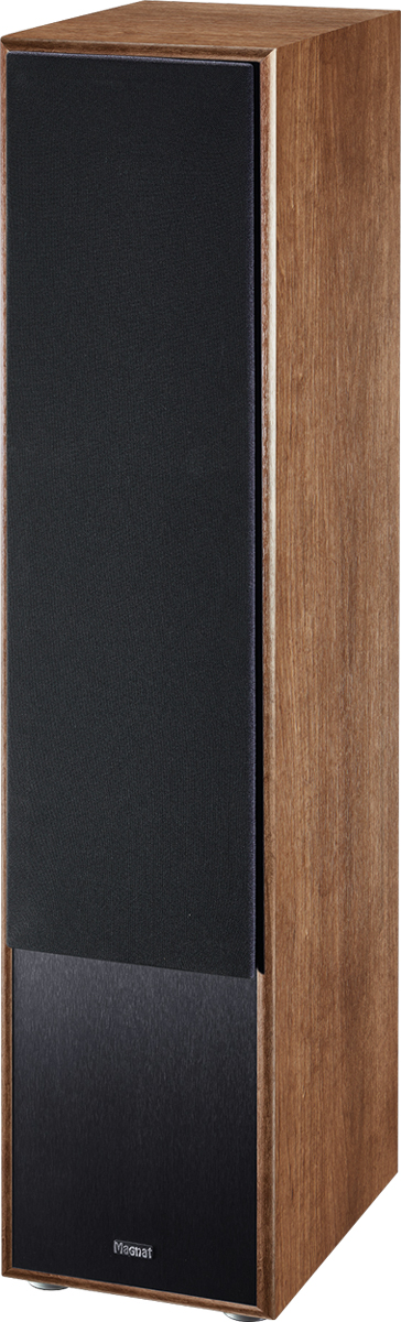 Ein hoher Holz-Lautsprecher. Die Vorderseite hat eine schwarze Lautsprecherabdeckung. Die Seiten sind holzmaseriert.
