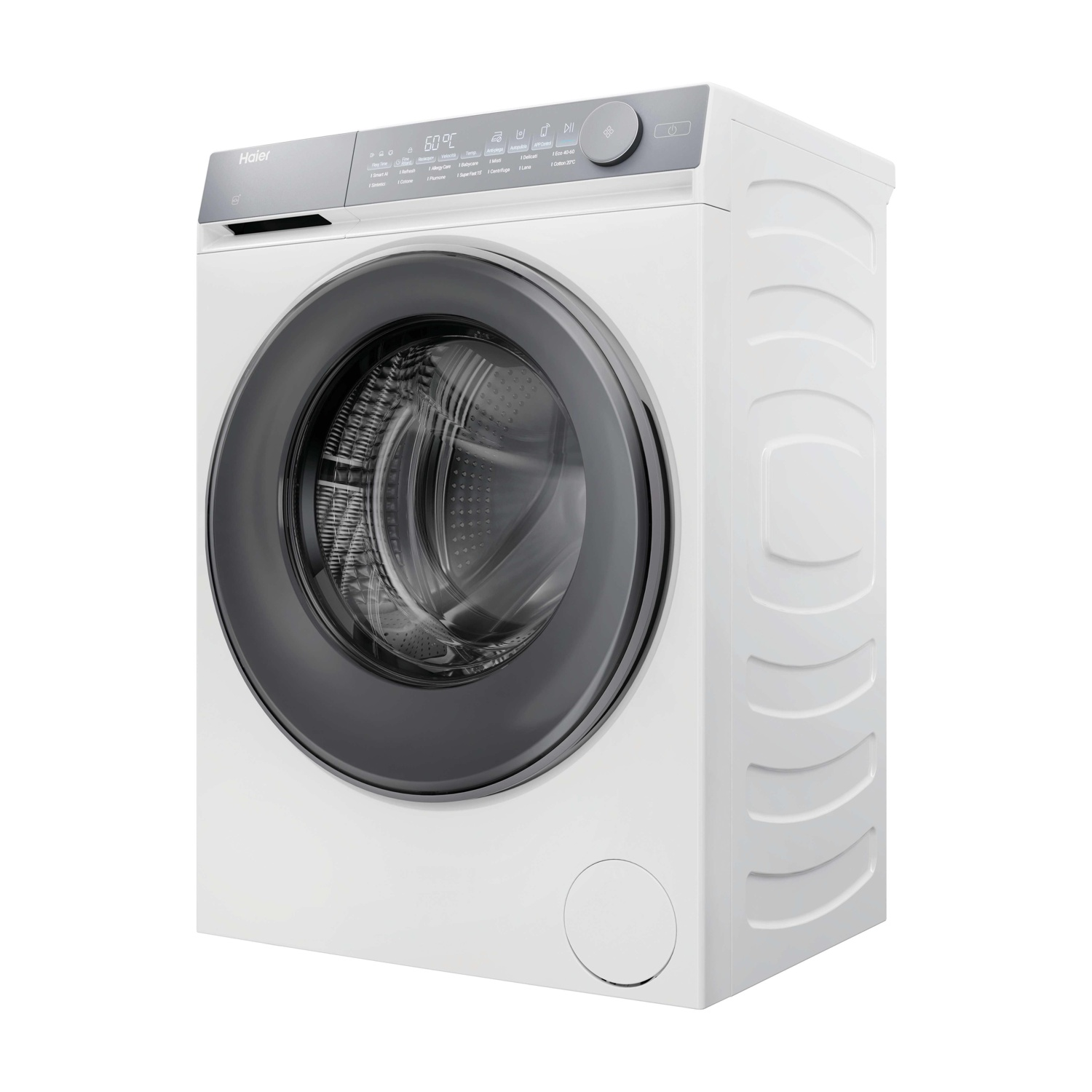 Una lavatrice Haier bianca con porta e pannello di controllo grigio scuro. Ha diverse opzioni di ciclo e un display digitale.