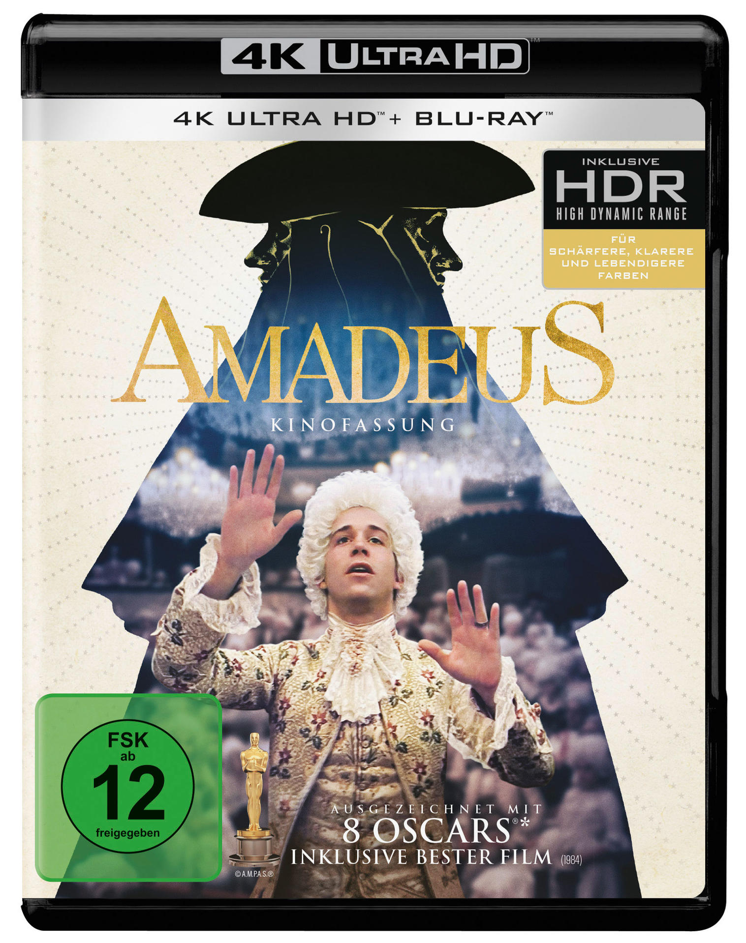 DVD-Cover für Amadeus. Ein Mann im Kostüm mit erhobenen Händen ist zentriert, der Titel steht darüber. Der Hintergrund ist eine Silhouette.