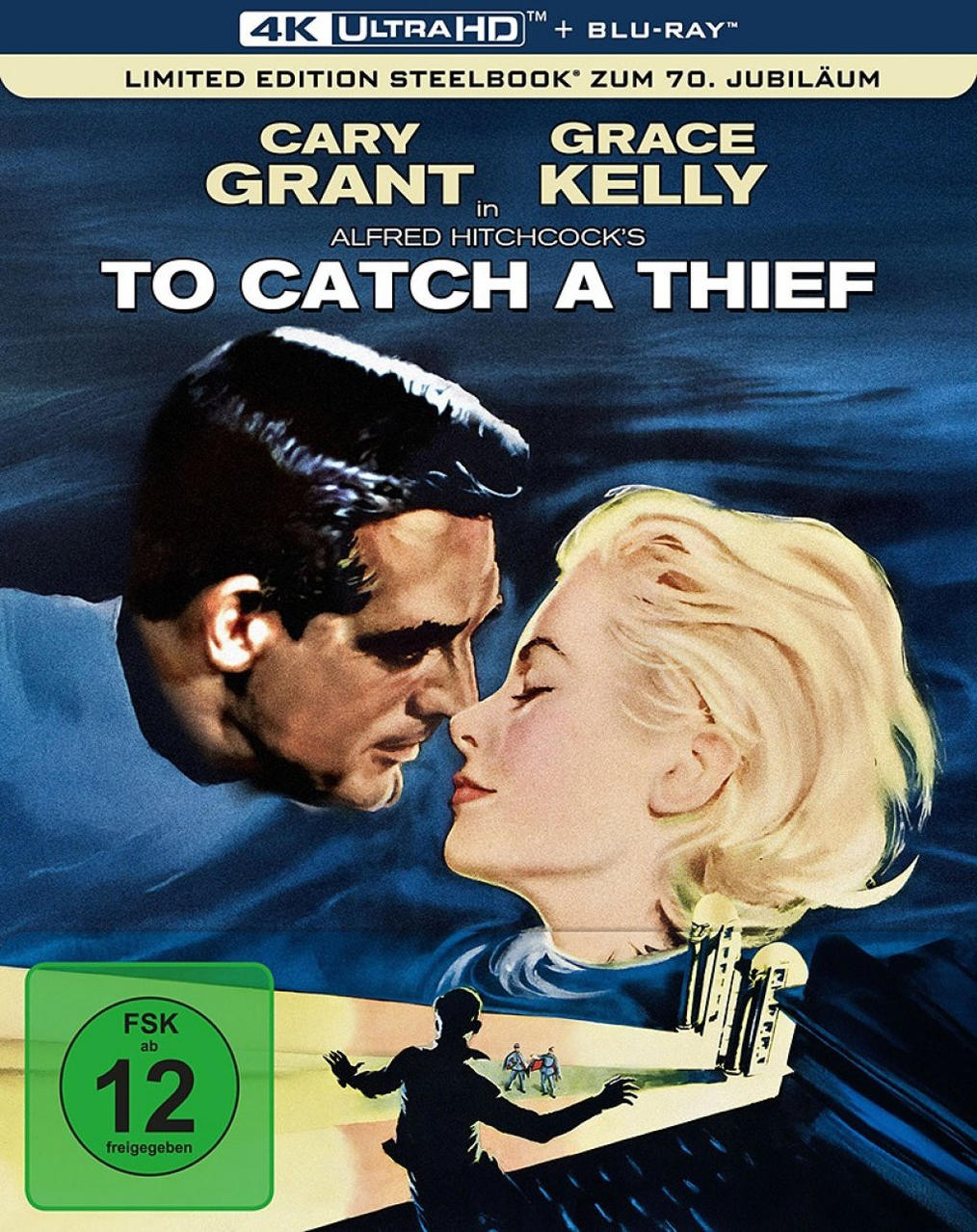 Filmposter für "Über den Dächern von Nizza" mit Cary Grant und Grace Kelly. Ein Paar in der Mitte, mit grünem Rating-Abzeichen.