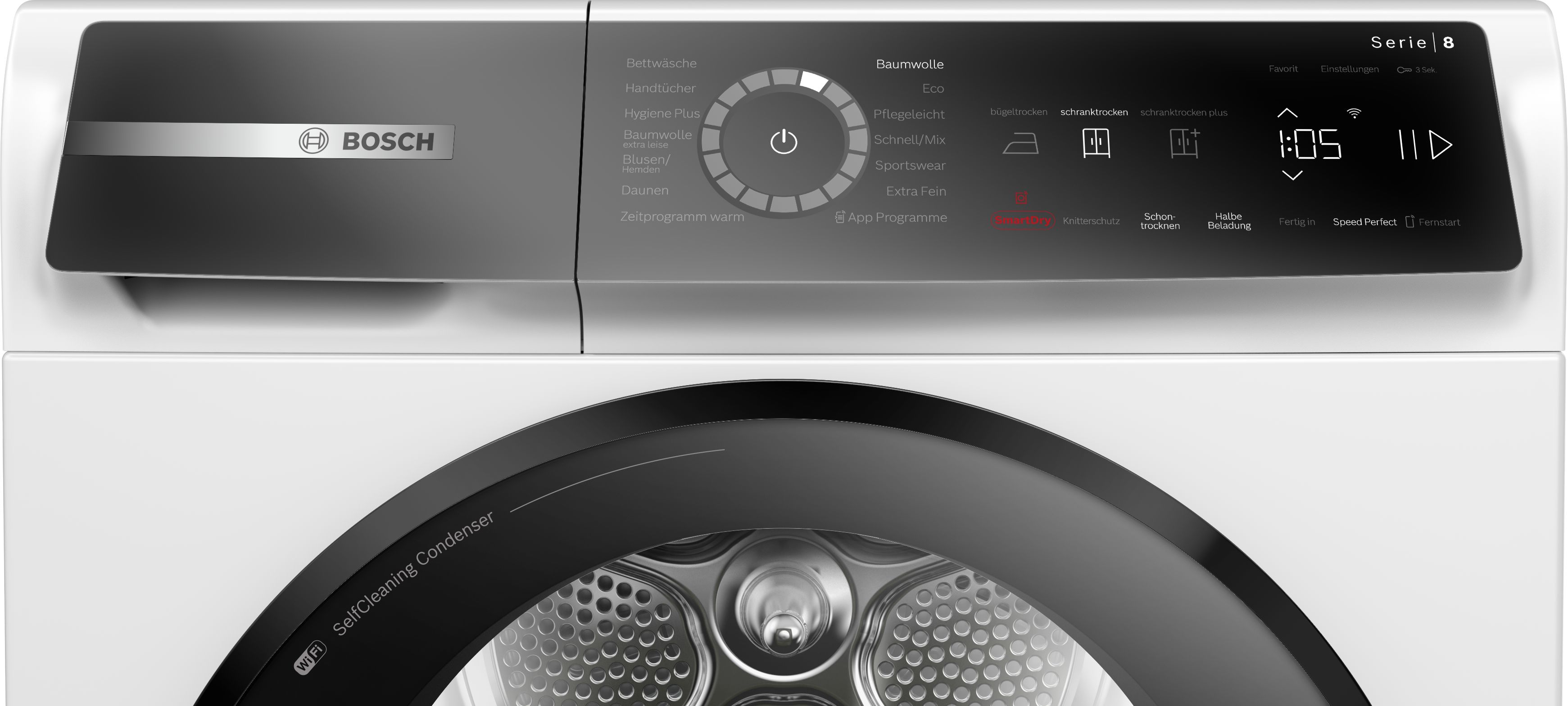Weißer Bosch-Trockner mit schwarzer Tür und Bedienfeld. Anzeige zeigt Uhrzeit, und Programmoptionen sind sichtbar.