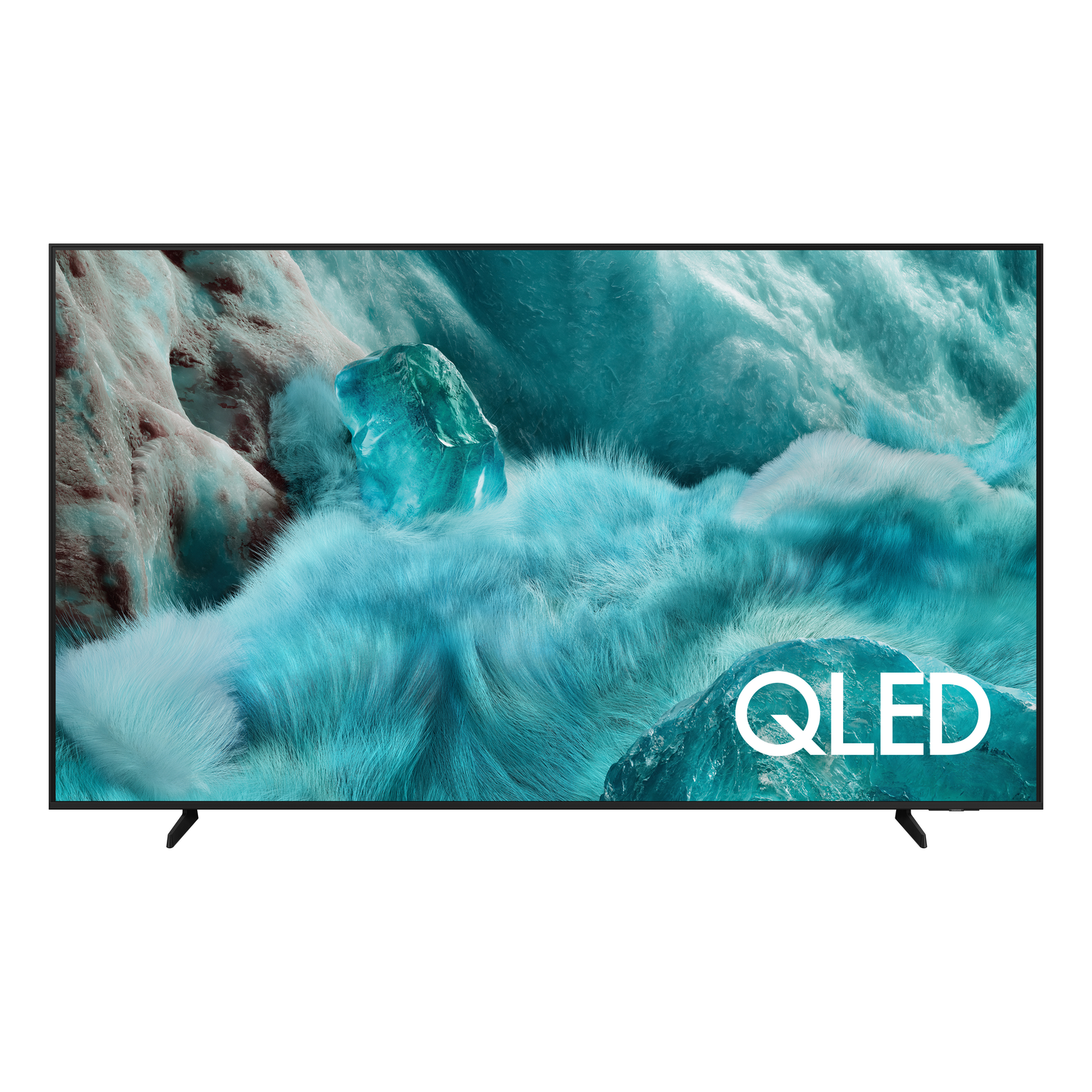 Een QLED TV toont een turquoise landschap met een groot ijskristal. De TV heeft zwarte poten en een zwart frame, met het woord QLED erop.