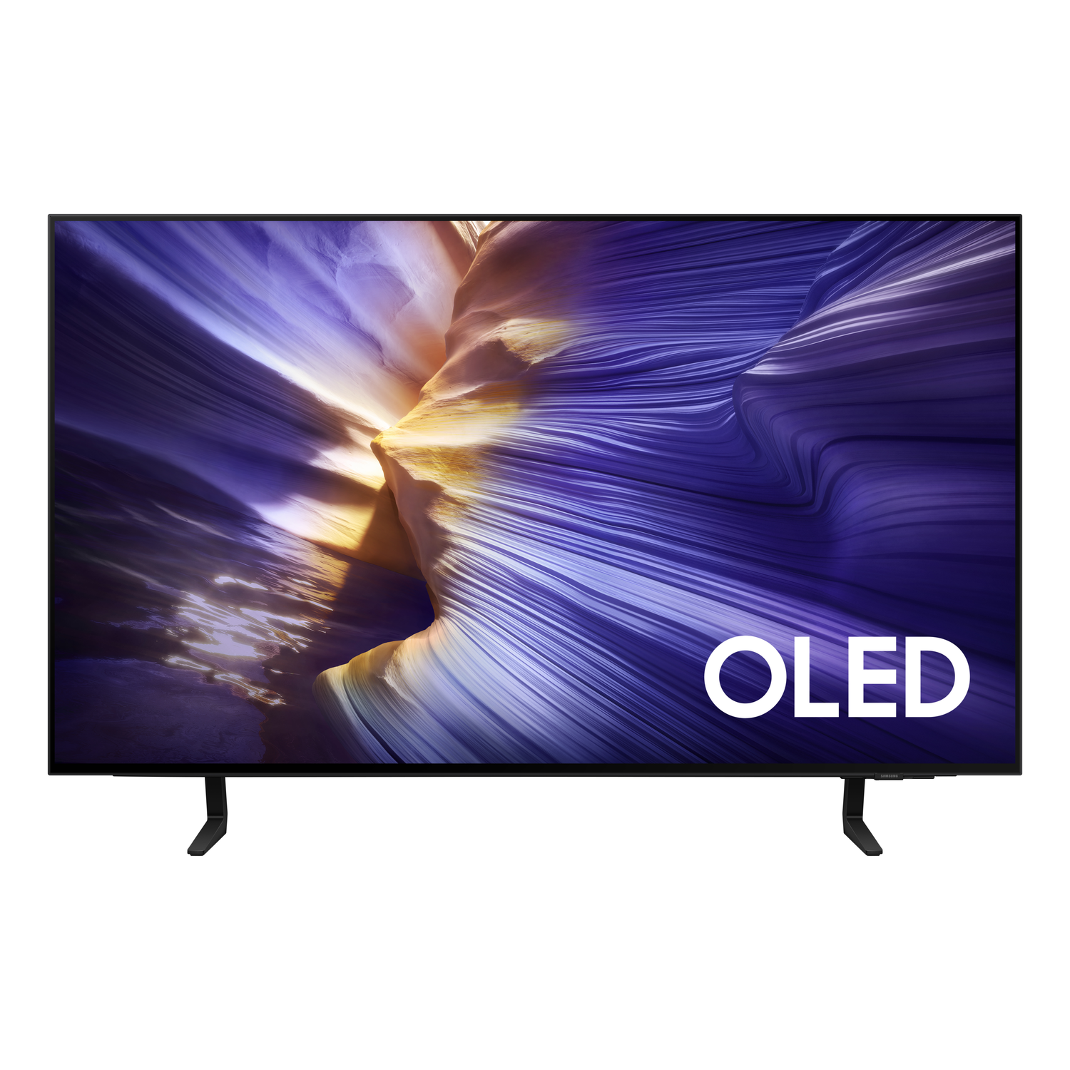 An OLED TV displays a scenic image of layered rock formations in purple, white, and yellow. The TV has black legs and the word OLED.