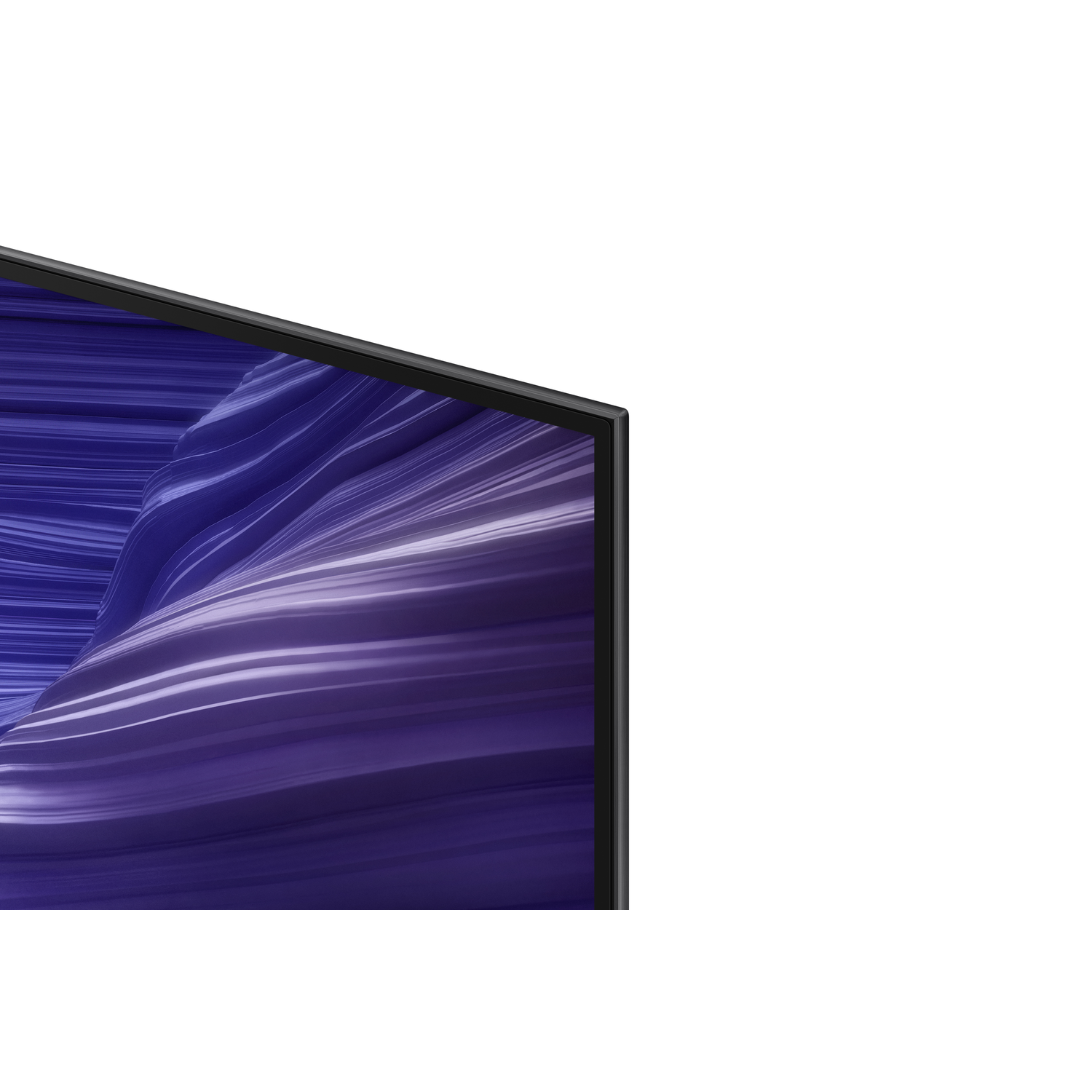A modern TV screen displays a purple, wavy pattern. The screen has a black frame, set against a white background.