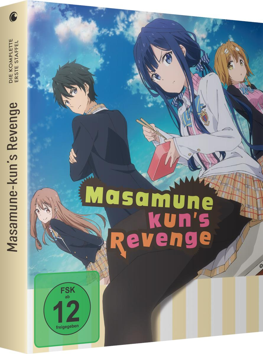 Anime-Box-Art von Masamune-kun's Revenge. Zeigt mehrere Anime-Charaktere vor blauem Himmel mit Textüberlagerung.