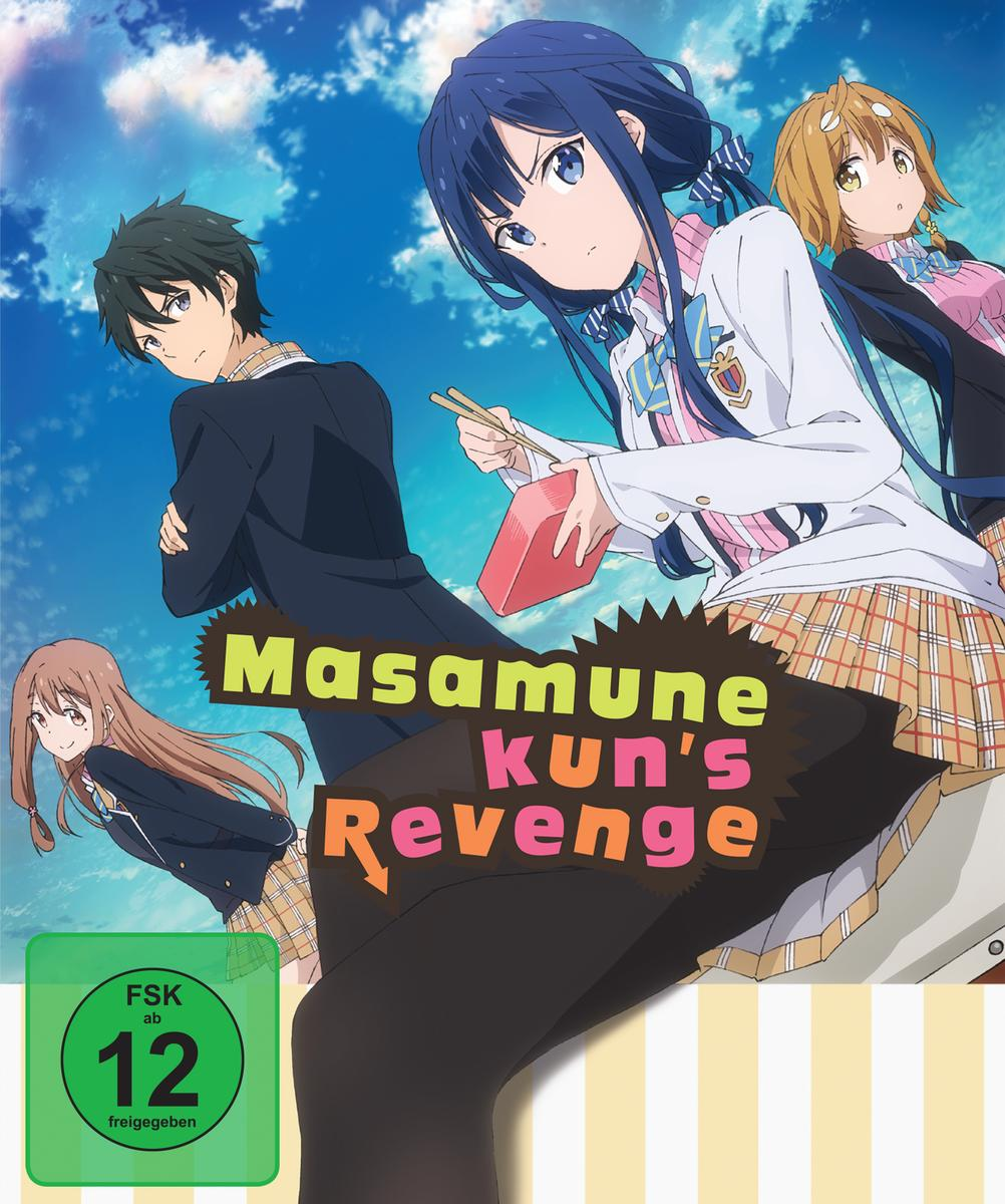 Anime-Cover mit vier Charakteren. Ein Mädchen mit blauen Haaren hält eine Lunchbox. Der Titel ist Masamune-kun's Revenge. FSK 12.
