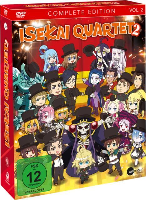 DVD-Cover von "Isekai Quartet 2". Eine Gruppe von Anime-Charakteren mit Zylindern steht auf rotem Grund.