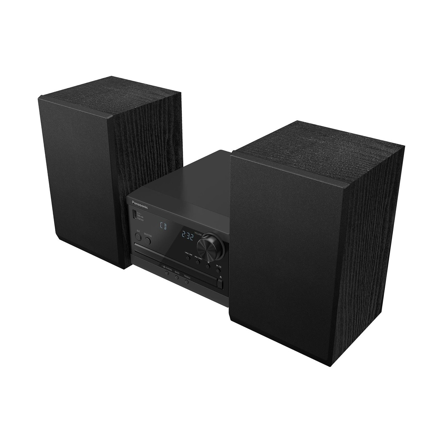 Un sistema stereo Panasonic nero con due altoparlanti. Il display mostra 2:32. Gli altoparlanti sono su entrambi i lati dell'unità centrale.