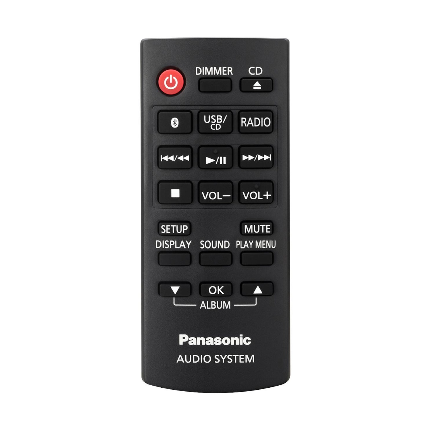 Telecomando nero per sistema audio Panasonic. I pulsanti includono accensione, volume e controlli funzione. Funzionalità CD, Radio, USB e Bluetooth.