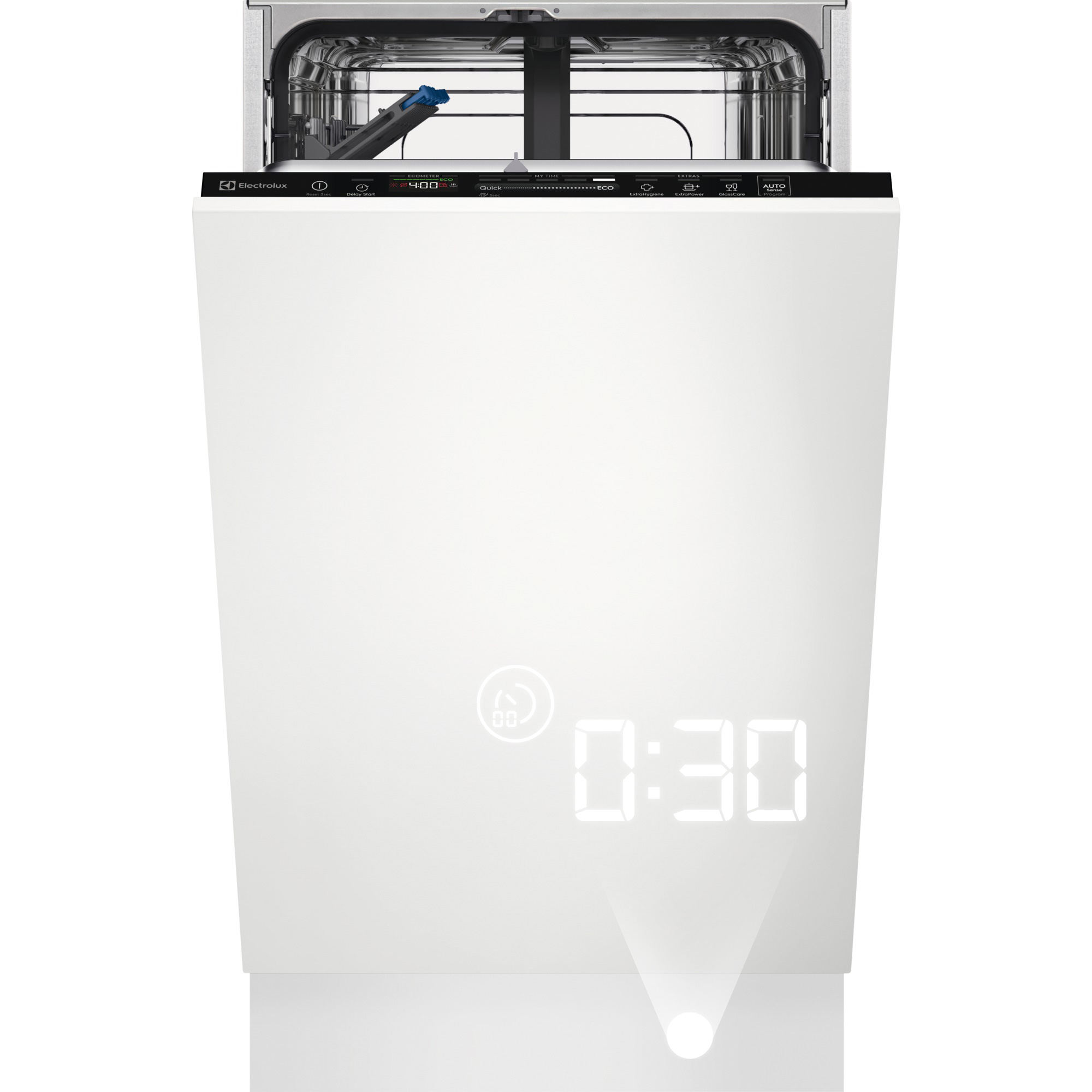 Biała zmywarka z cyfrowym wyświetlaczem 0:30. Widoczne logo Electrolux. Drzwi częściowo otwarte.