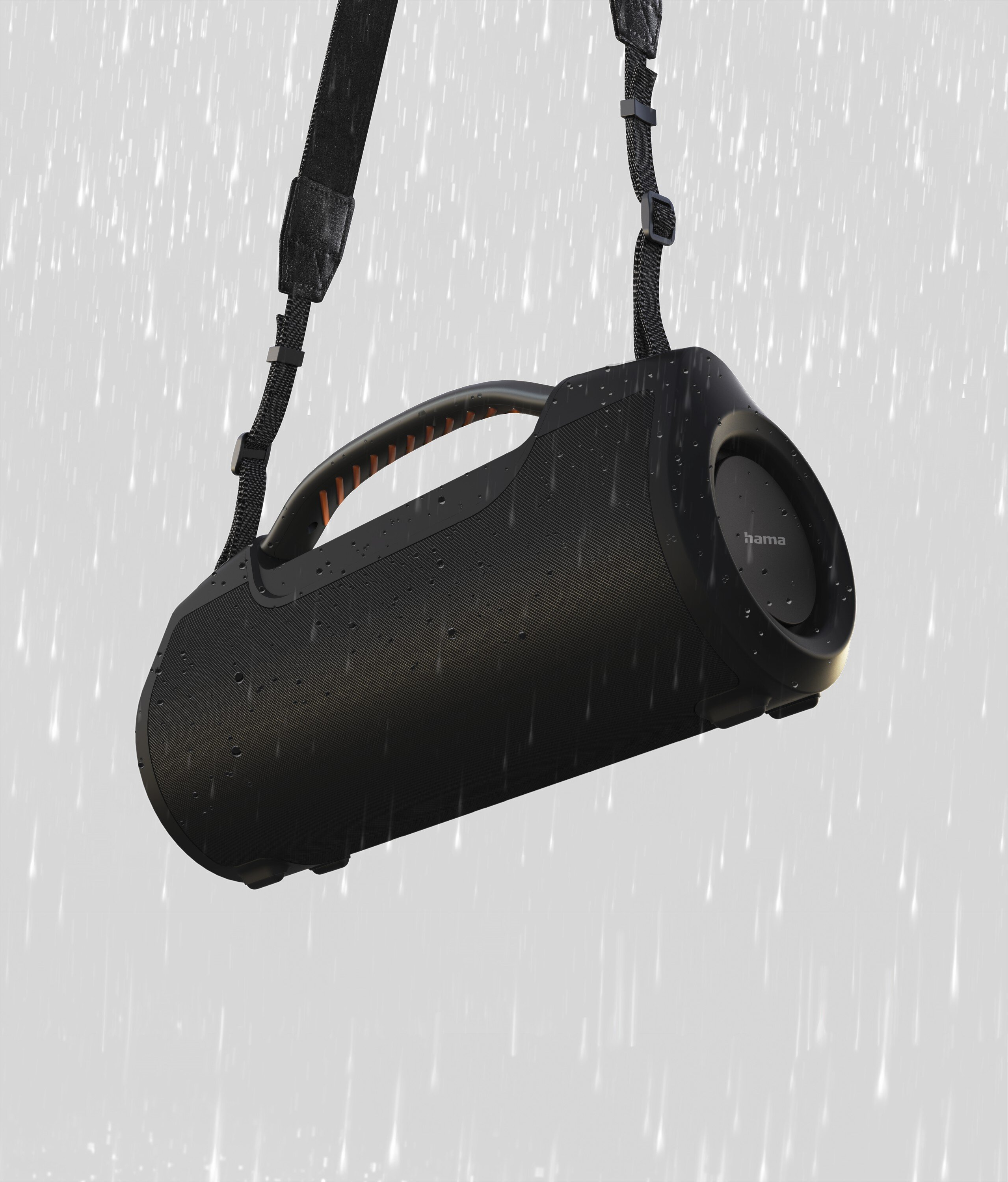 Czarny głośnik, zawieszony na czarnym pasku, na tle efektu deszczu. Widoczne logo Hama.