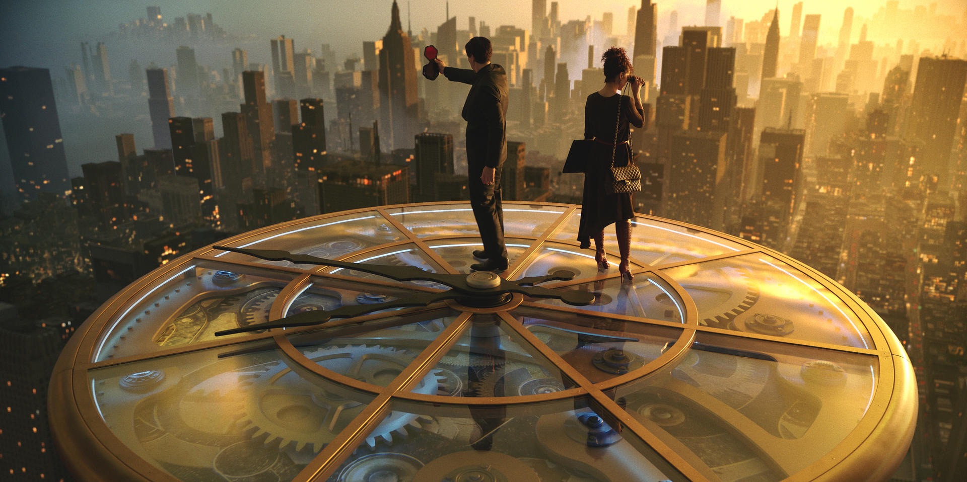 Ein Paar steht auf einer riesigen Uhr mit Blick auf eine Stadt. Der Mann hält ein Glas, die Frau schaut durch ein Fernglas.