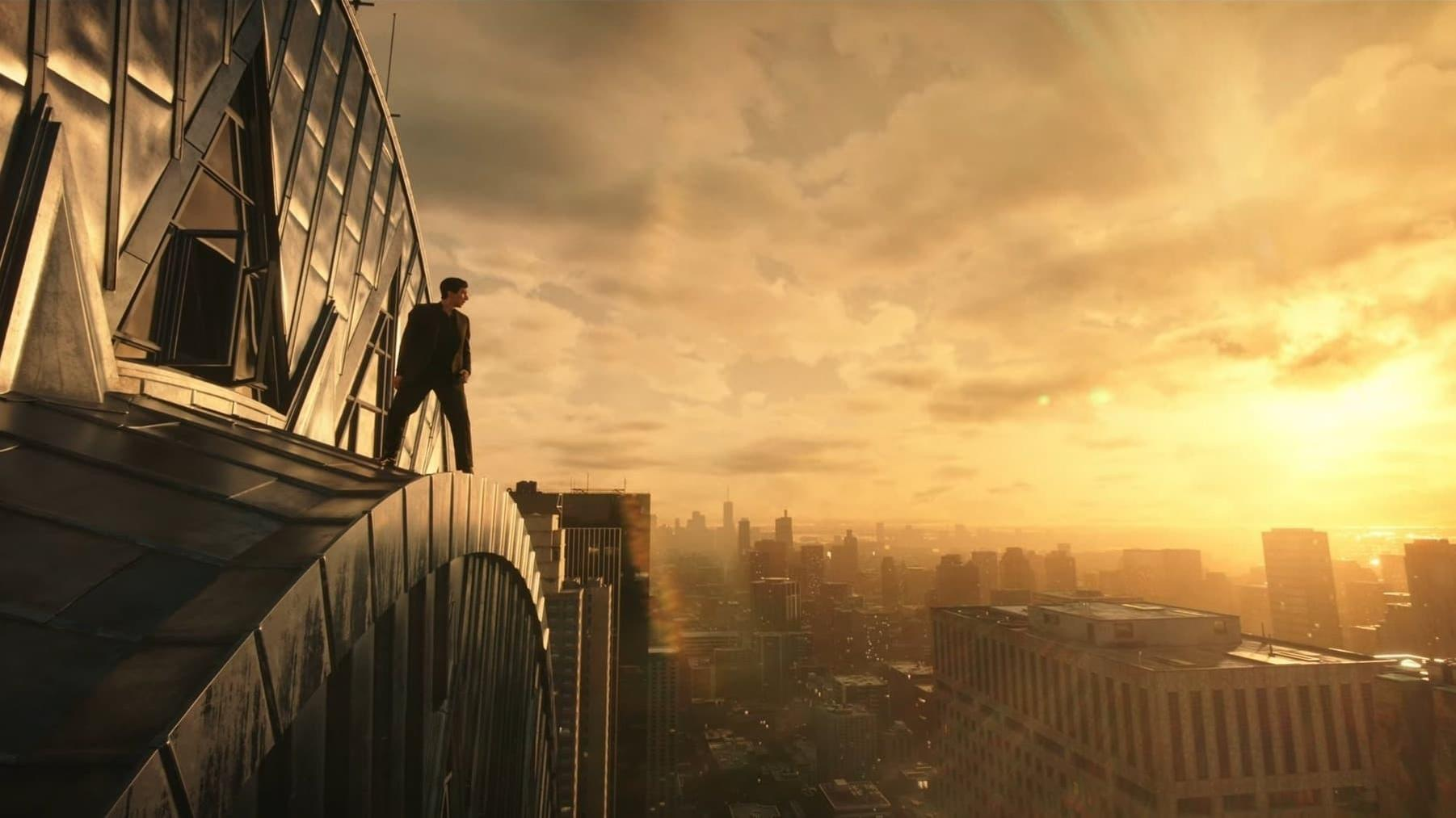 Ein Mann steht auf einem Wolkenkratzer und blickt auf eine Stadt. Der Himmel ist golden und die Stadt voller Gebäude.