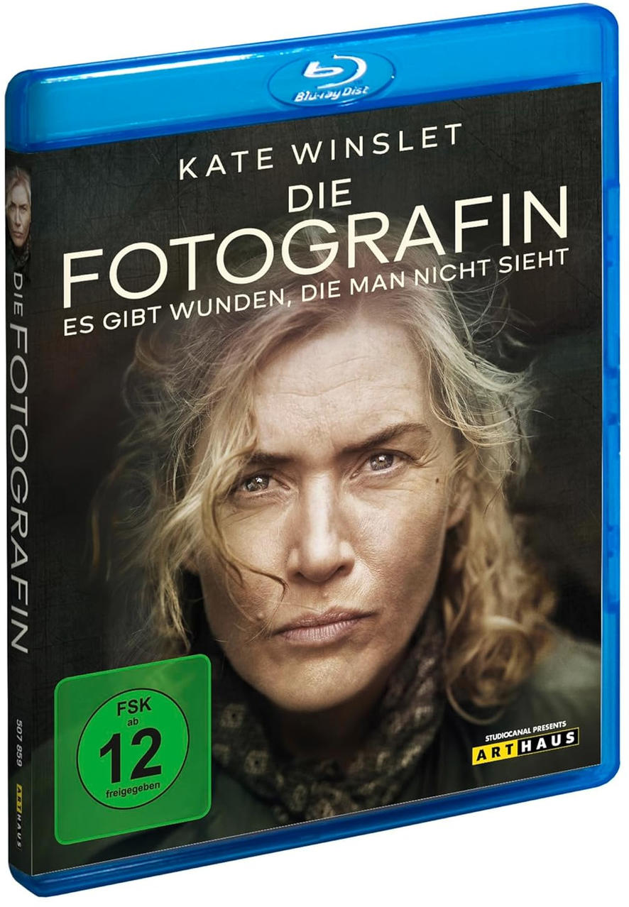 Blu-ray-Cover von 'Die Fotografin' mit Kate Winslet. Zeigt ihr Gesicht, Titel auf Deutsch und Altersfreigabe.