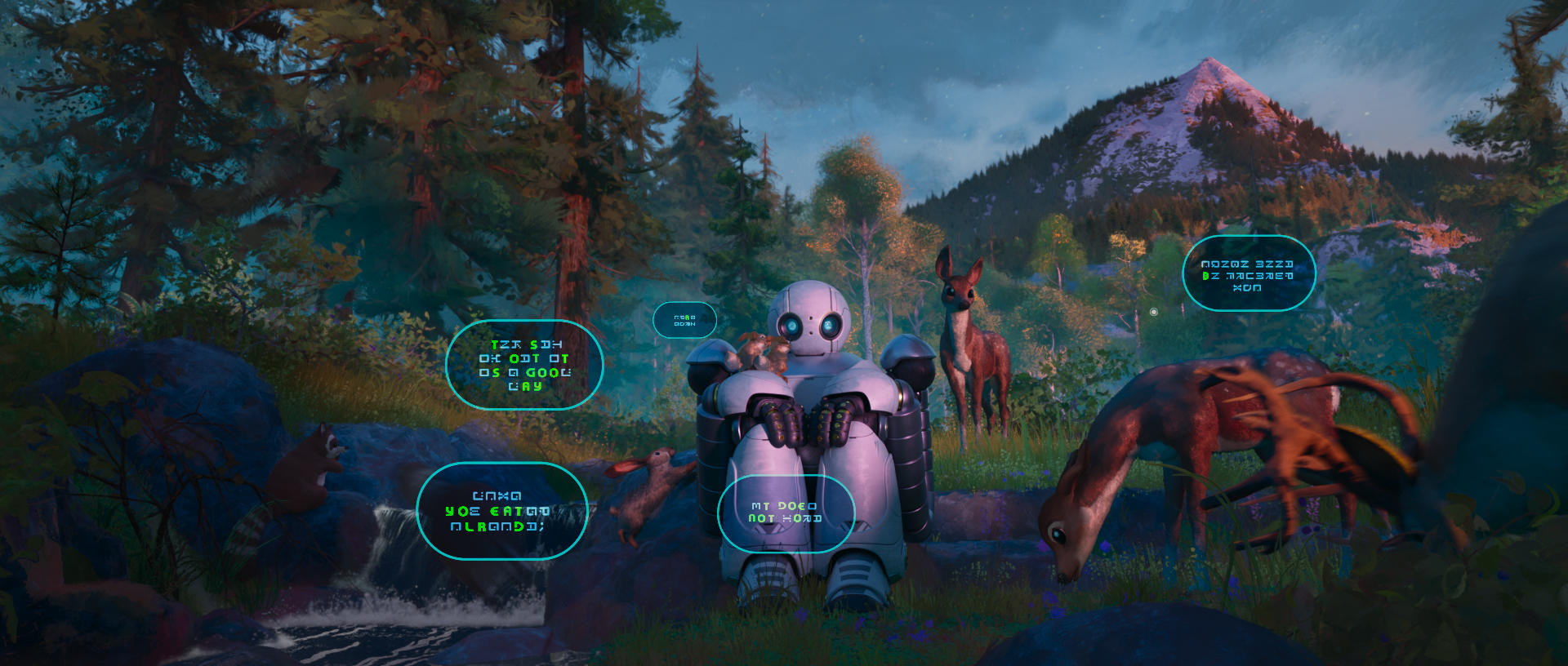 Ein Roboter sitzt im Wald mit Hirschen und Kaninchen. Textblasen schweben herum. Berge sind im Hintergrund.