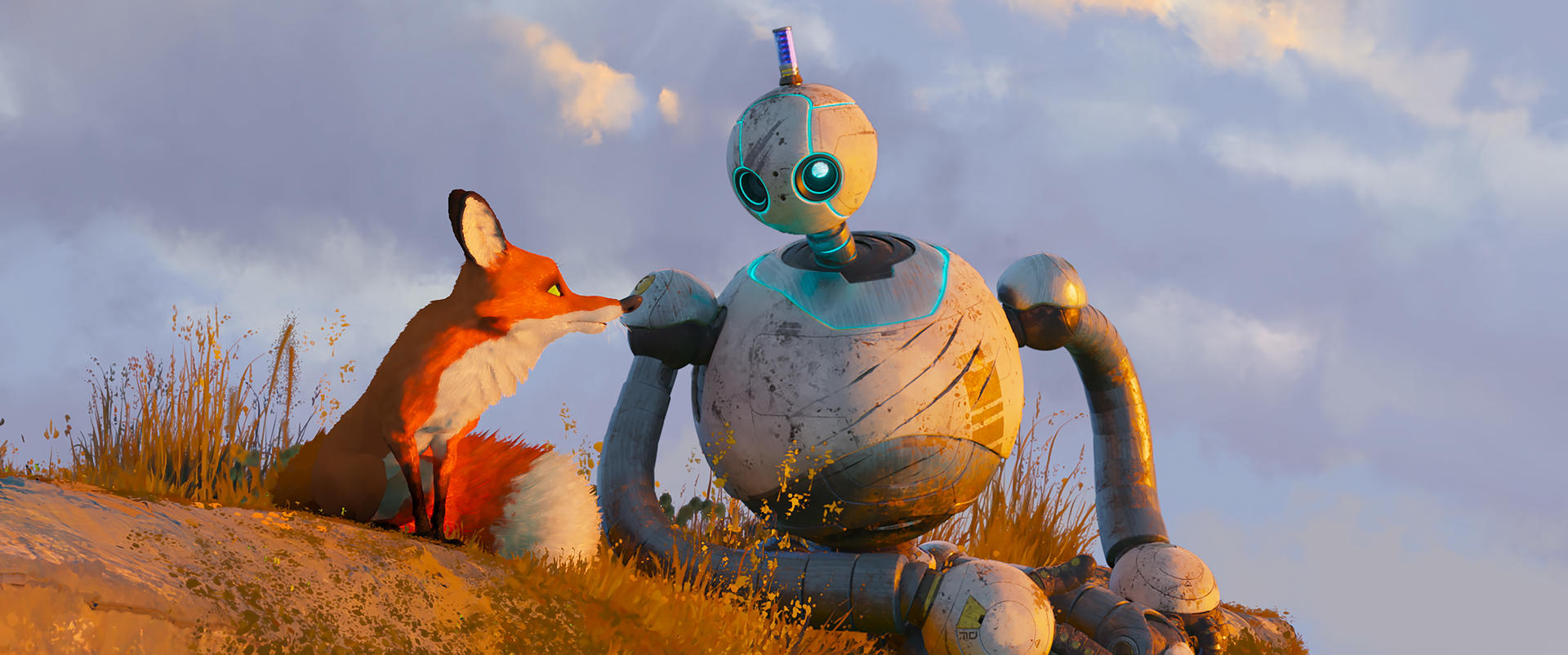 Ein Fuchs berührt die Nase eines Roboters. Der Roboter ist grau, der Fuchs orange. Sie stehen auf einem Hügel unter Wolken.