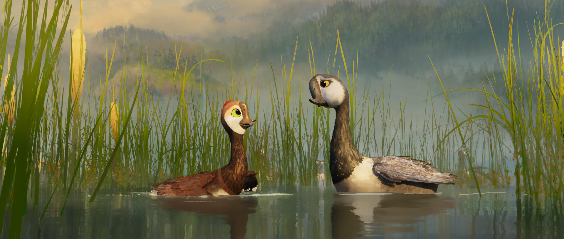 Zwei Cartoon-Gänse in einem Teich, umgeben von hohem Gras. Der Hintergrund zeigt einen nebligen Wald.