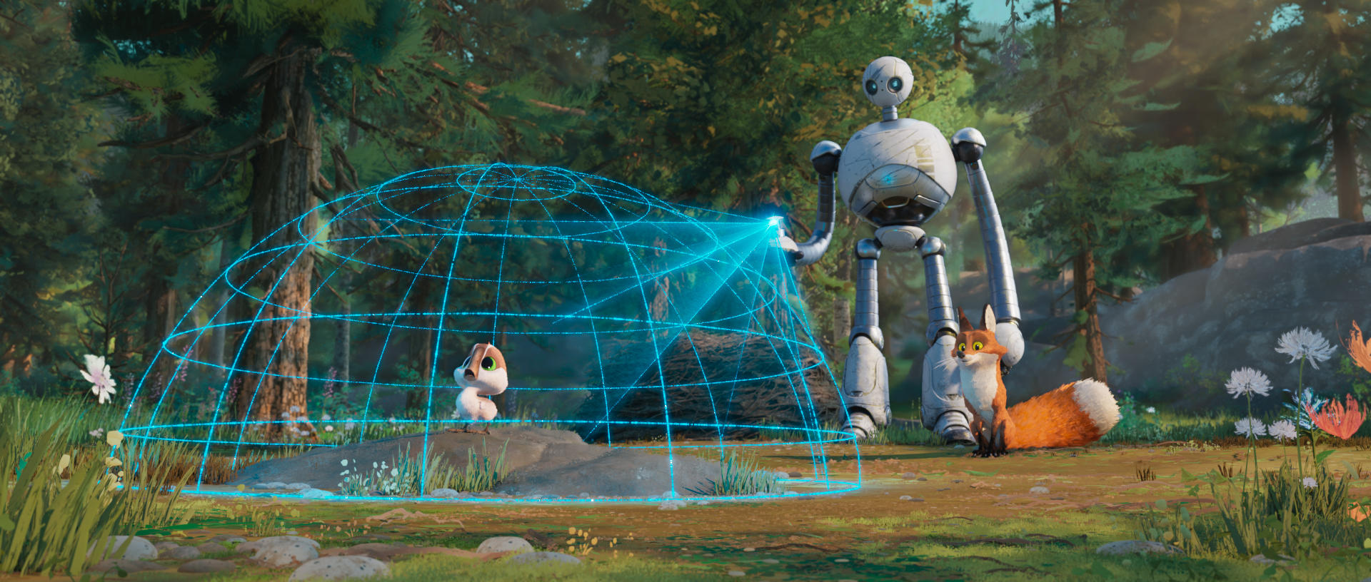 Ein Roboter, Fuchs und Eichhörnchen in einem Wald. Der Roboter hält einen blauen Energie-Käfig um das Eichhörnchen.