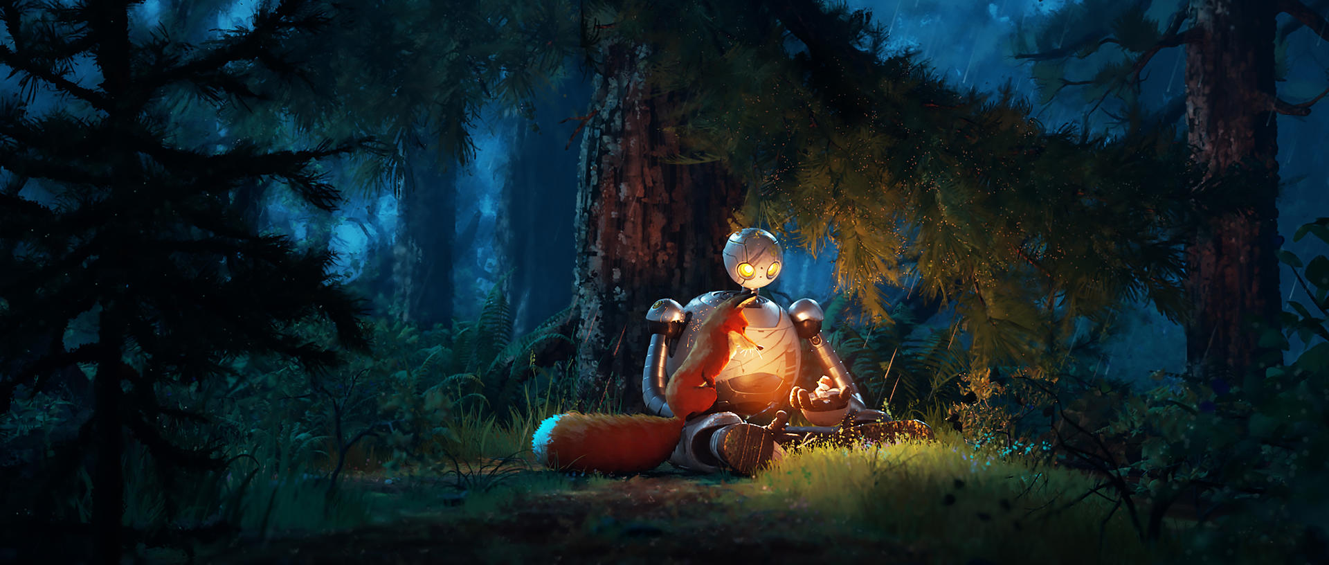 Ein Roboter und ein Fuchs sitzen in einem Wald. Der Roboter ist silberfarben, der Fuchs orangefarben. Sie sind in der Nähe eines Baumes.
