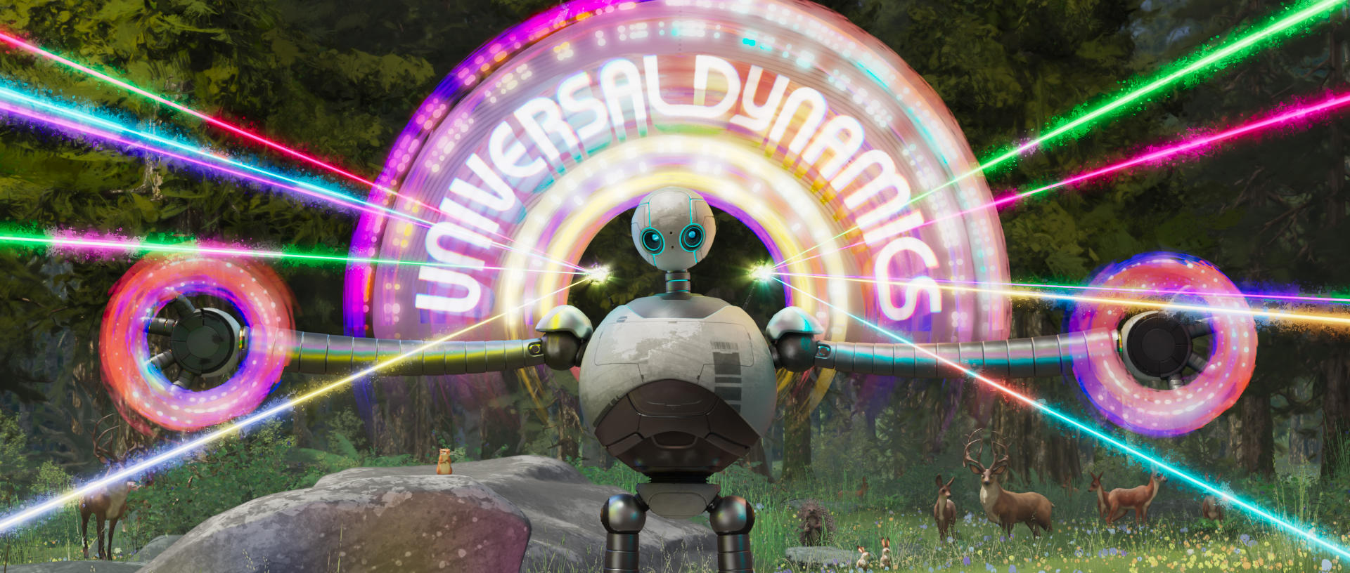 Ein Roboter steht vor einem Neonschild mit der Aufschrift "UNIVERSAL DYNAMICS", mit Lichtstrahlen. Im Hintergrund sind Hirsche und kleine Tiere.
