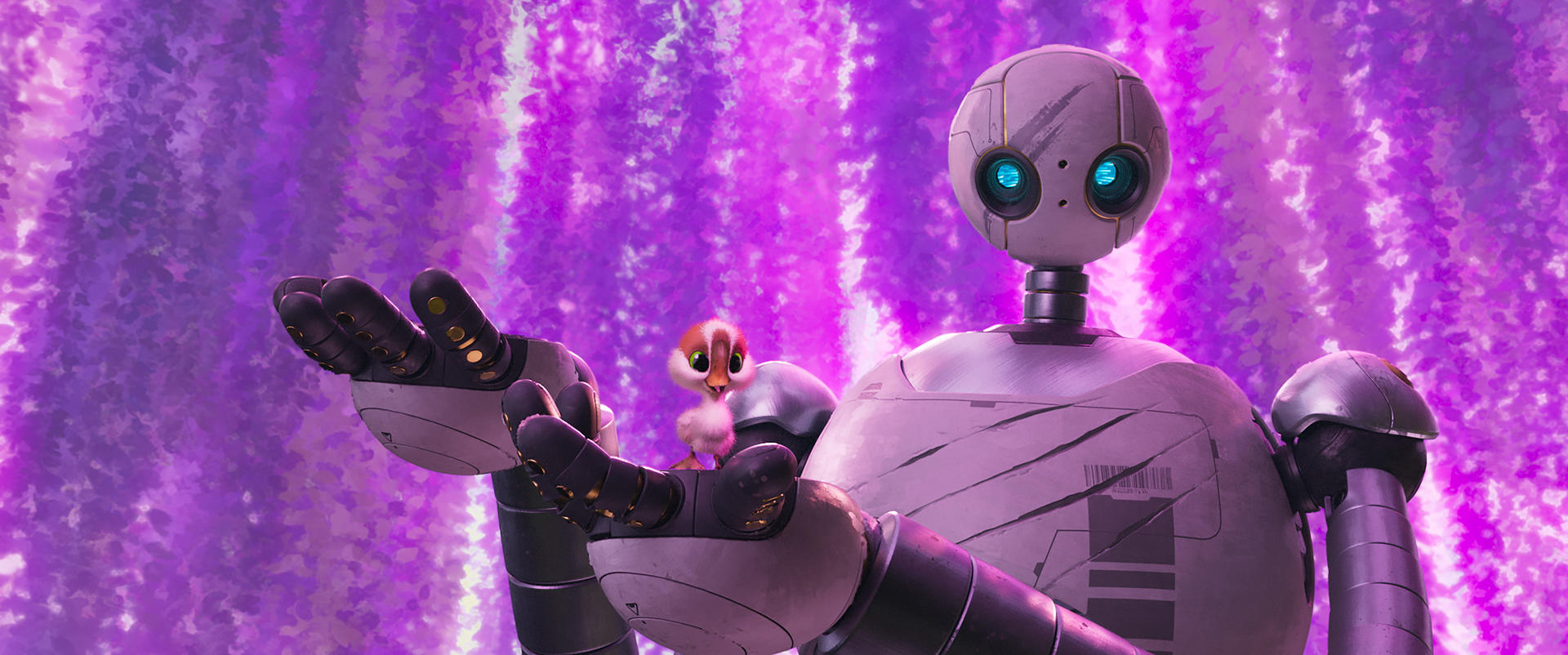 Ein Roboter mit leuchtenden Augen hält ein Küken. Der Hintergrund ist ein leuchtendes Violett. Der Roboter ist grau, das Küken orange und weiß.