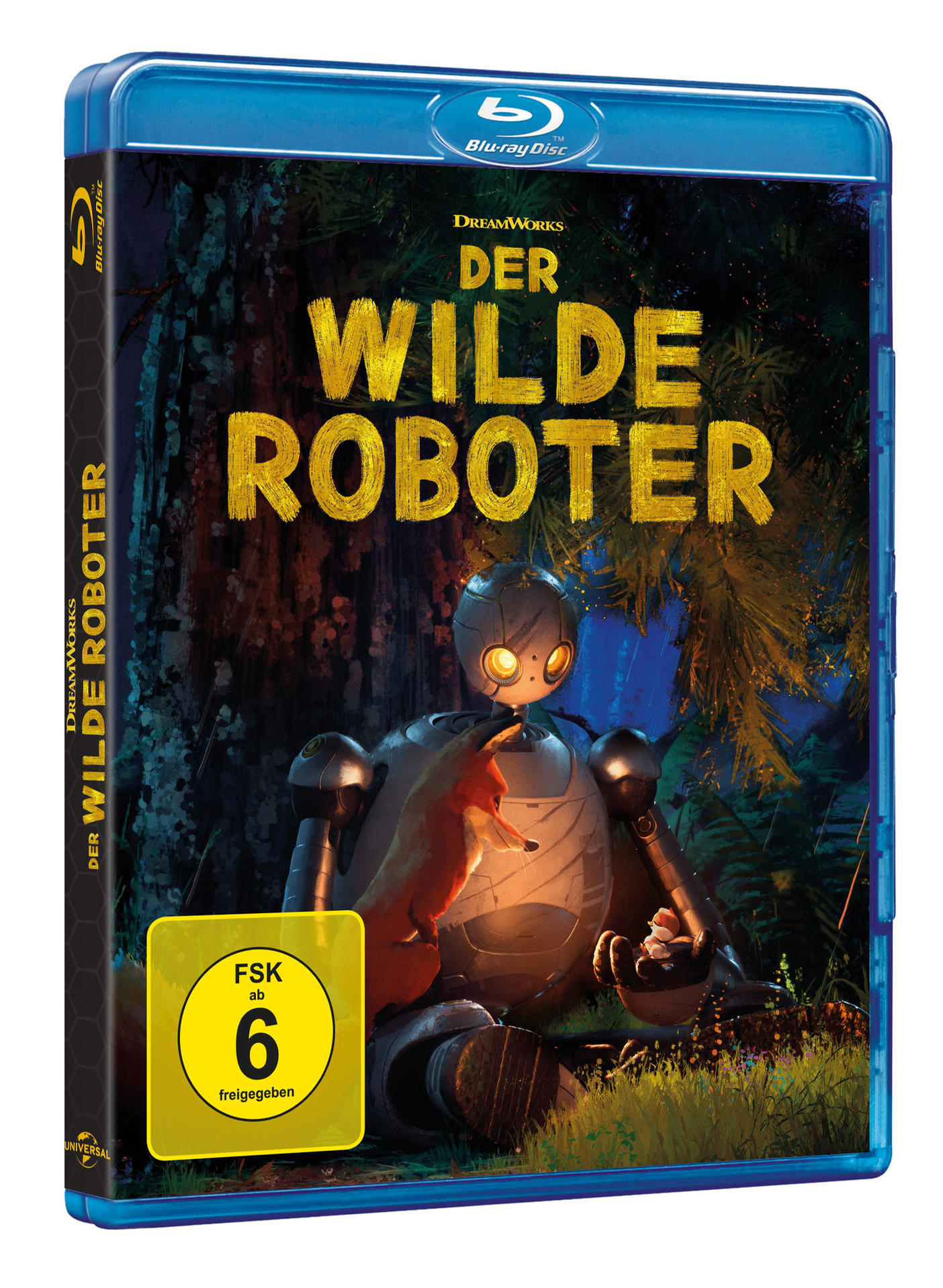 Blu-ray-Hülle von 'Der Wilde Roboter'. Sie zeigt einen Roboter und einen Fuchs in einem Wald, mit dem Titel in großen, goldenen Buchstaben.