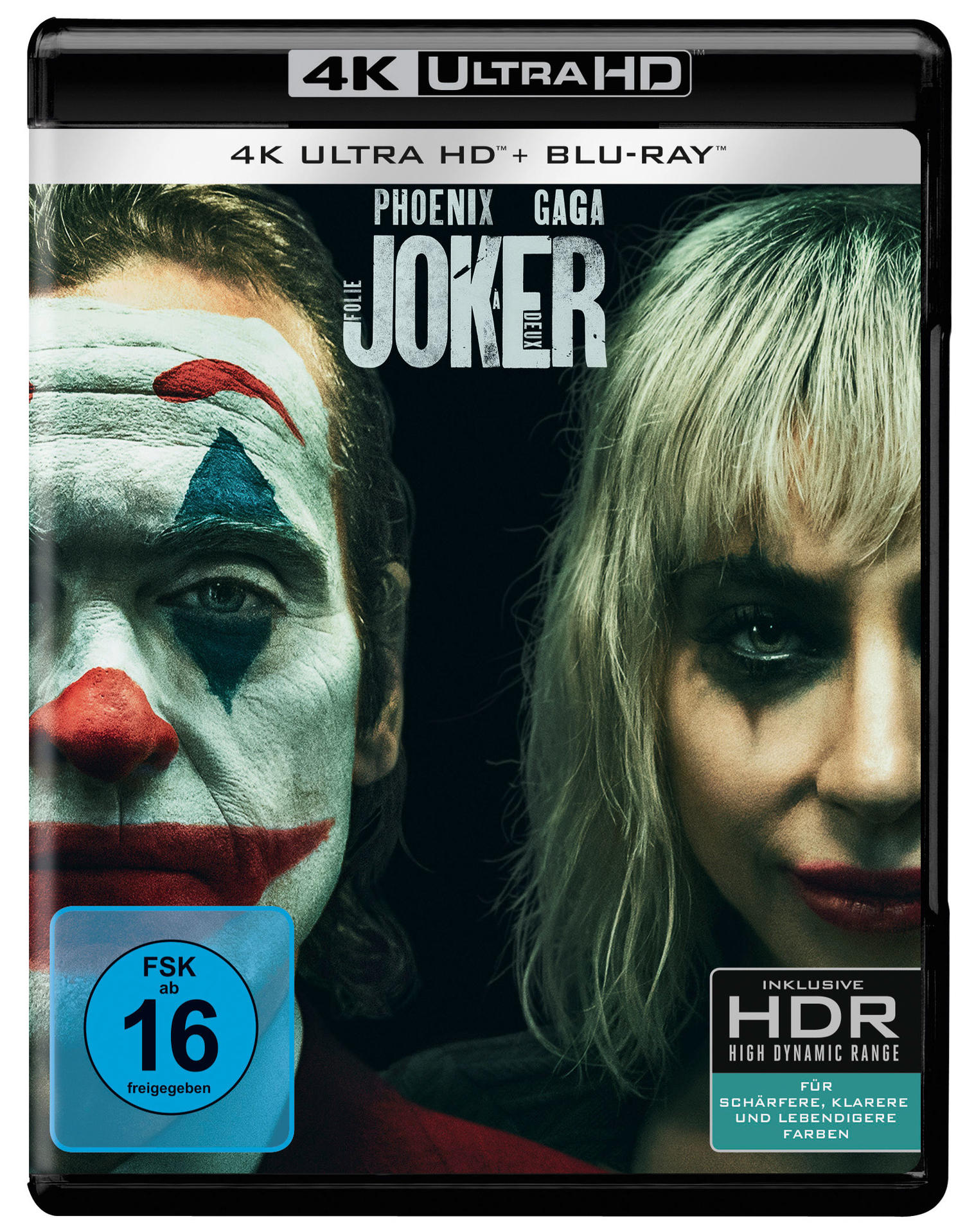 Joker-Filmcover. Mit Joaquin Phoenix als Joker und Lady Gaga. Der Titel ist in fetten Buchstaben dargestellt. Das Blu-ray-Logo ist sichtbar.