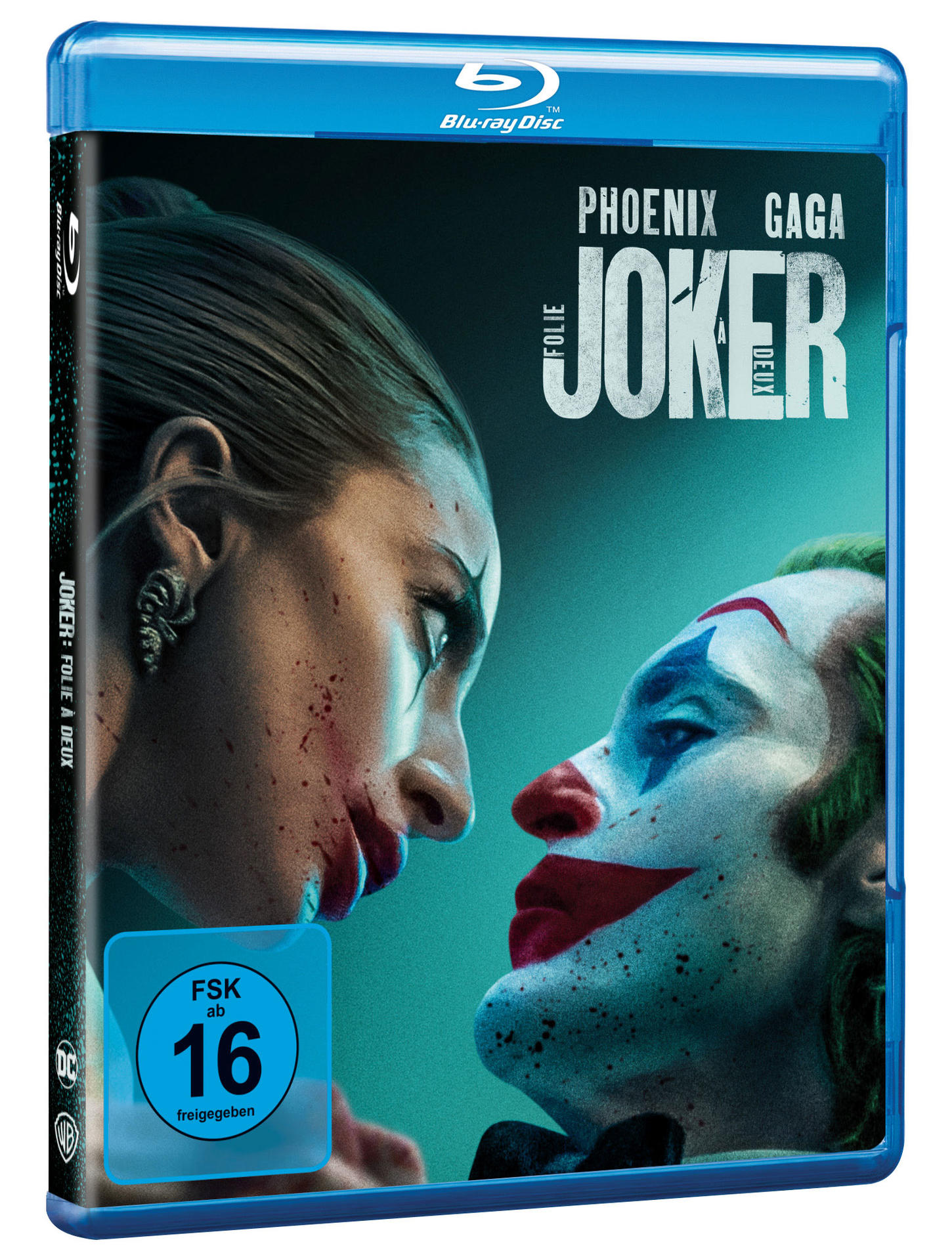 Blu-ray-Cover für Joker: Folie à Deux, mit Phoenix und Gaga. Nahe Gesichter, Make-up und Blut. Blauer Disc-Case.