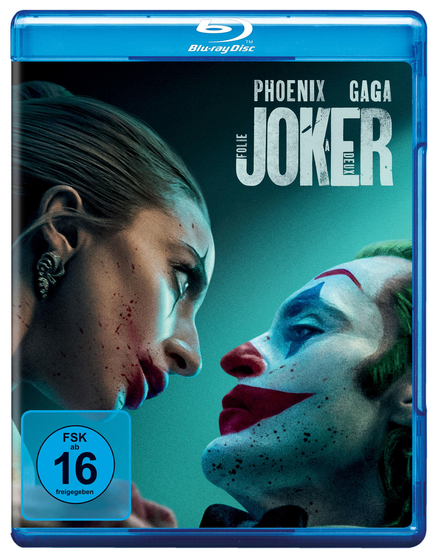 Blu-ray-Cover von Joker: Folie à Deux. Es zeigt zwei Gesichter nah, eines mit Joker-Make-up, das andere mit Blut. Die Altersfreigabe ist 16.