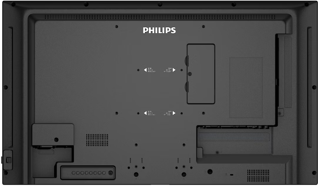 Rückseite eines schwarzen Philips-Fernsehers. Es hat verschiedene Anschlüsse, Schraubenlöcher und eine Aussparung. Das Philips-Logo befindet sich oben.