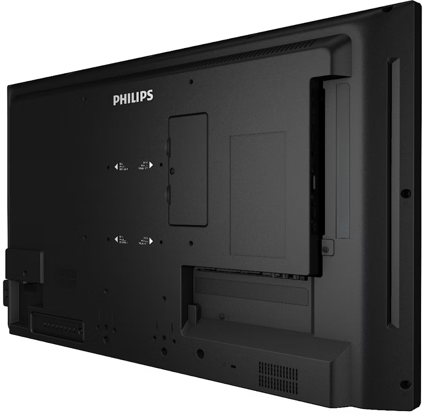 Rückansicht eines schwarzen Philips-Fernsehers. Mit Anschlüssen, Lüftungsschlitzen und dem Philips-Logo. Das Design ist minimalistisch und funktional.