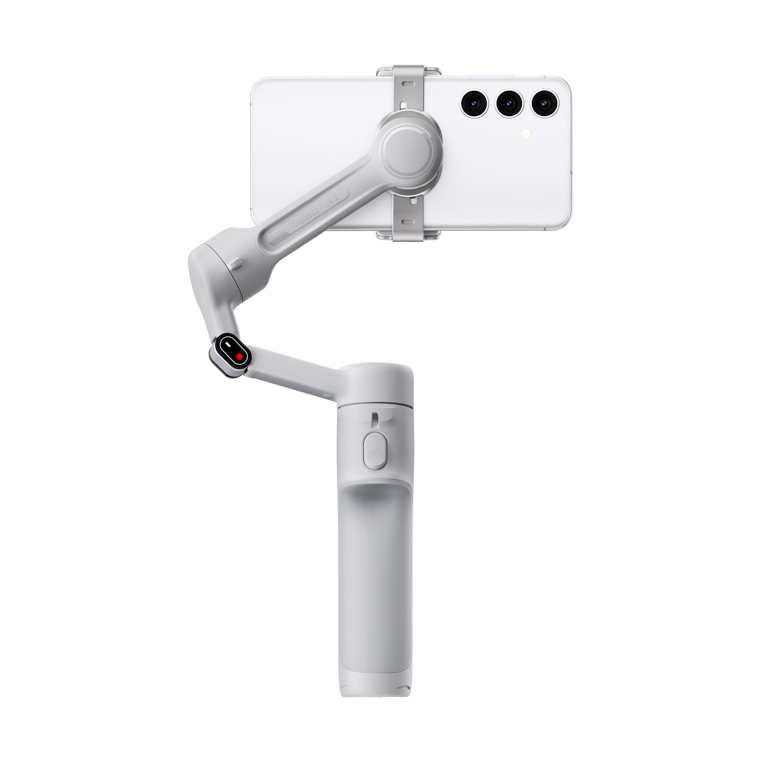 Uno smartphone bianco è montato su uno stabilizzatore gimbal grigio. Il telefono ha tre fotocamere. Lo sfondo è bianco.