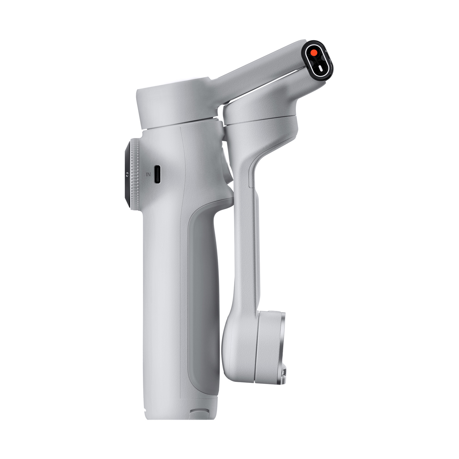 Uno stabilizzatore gimbal portatile grigio argento. Ha un'impugnatura, un morsetto per telefono, pulsanti e un pulsante di accensione rosso in alto.
