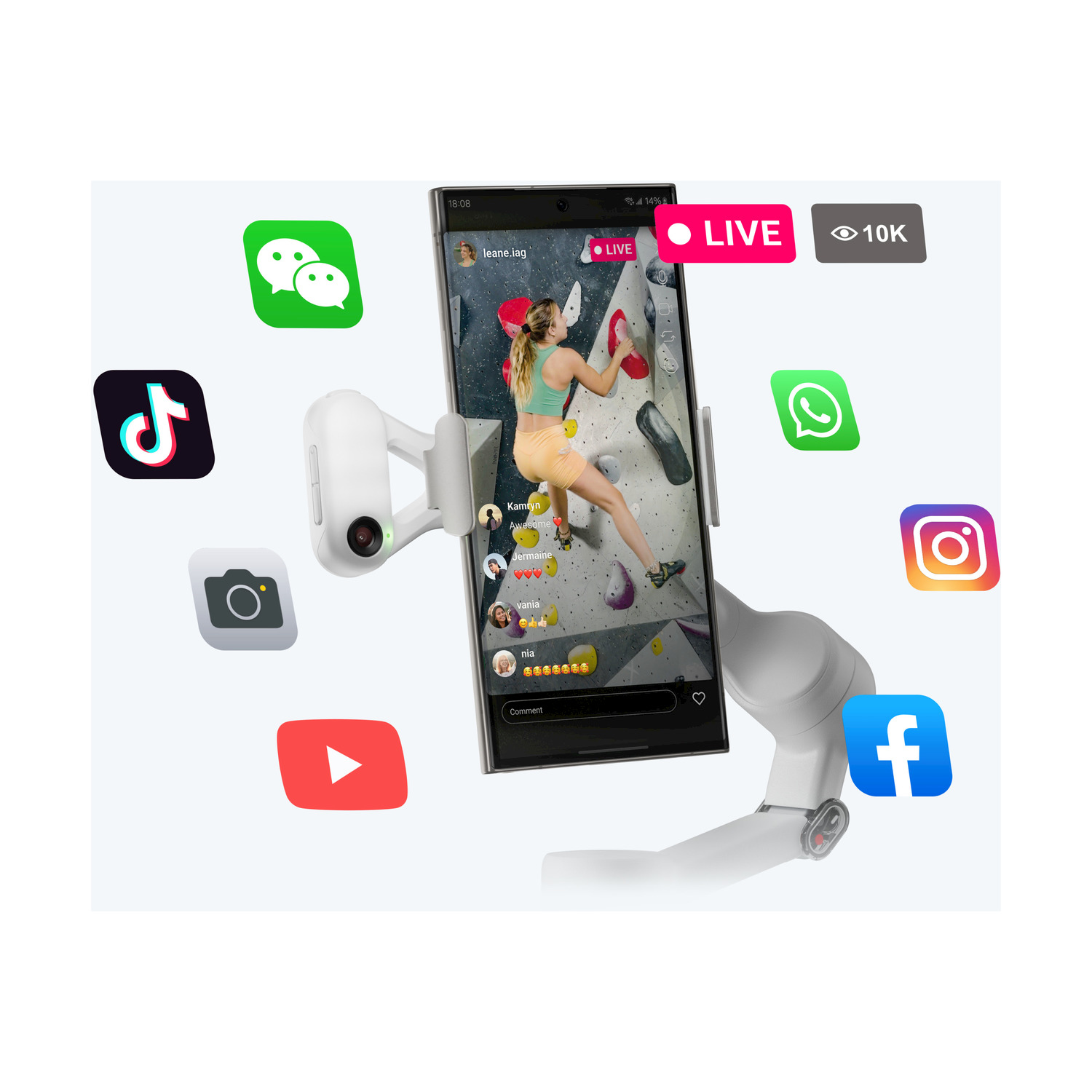 Un telefono mostra una sessione di arrampicata dal vivo. Le icone dei social media circondano il telefono. Una fotocamera bianca è attaccata al telefono.
