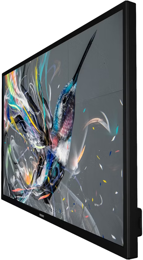 Ein Display zeigt ein Kolibri-Kunstwerk. Der Vogel hat blaue, violette, weiße und schwarze Farben. Der Hintergrund ist grau mit bunten Farbspritzern.