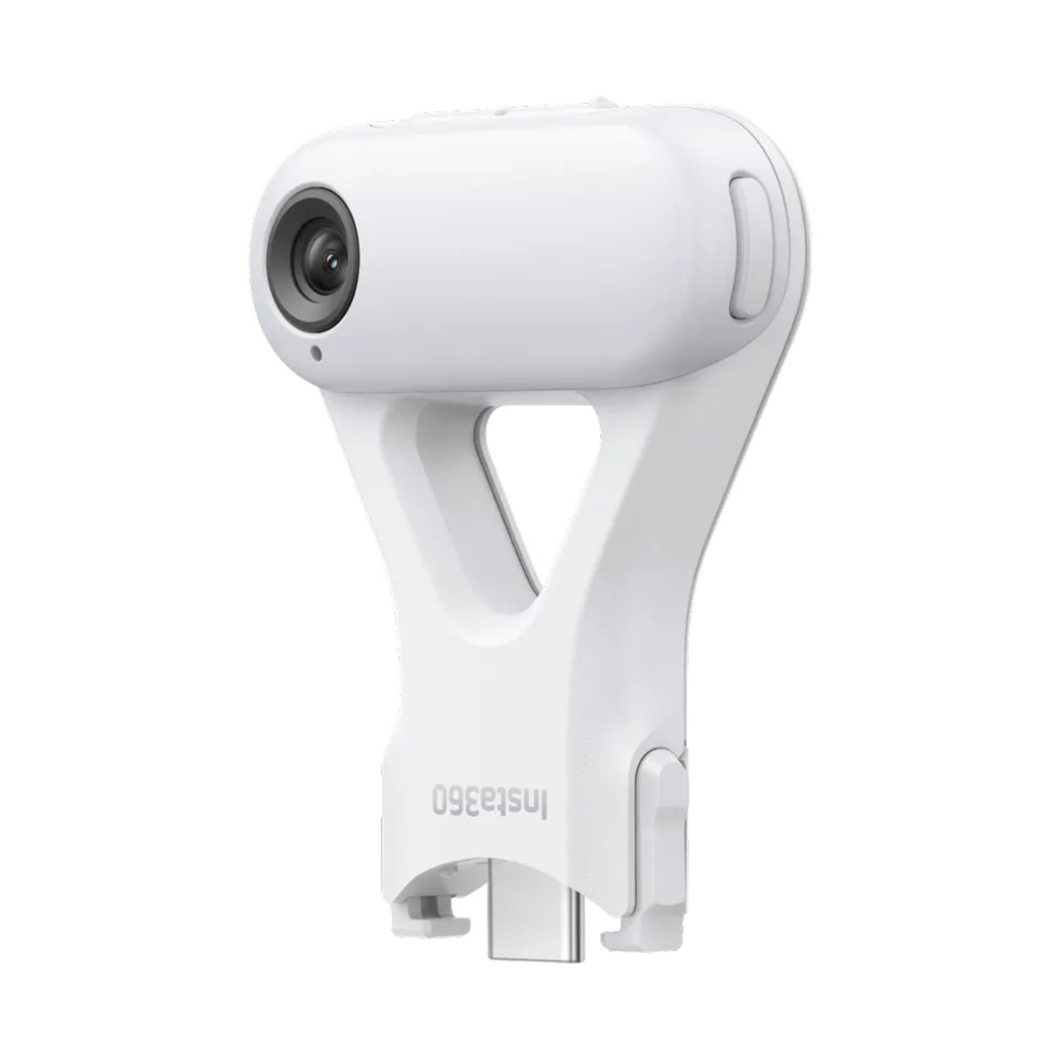 Una fotocamera Insta360 bianca. Ha un obiettivo, una maniglia e una porta USB-C. Il logo Insta360 è in basso.