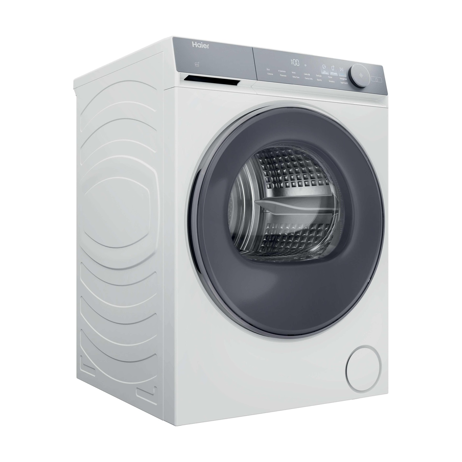 Una lavatrice Haier bianca con porta e pannello di controllo grigio scuro. Su sfondo bianco.