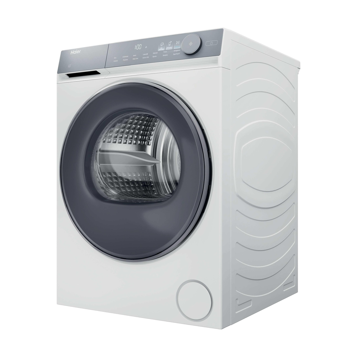 Una lavatrice Haier bianca con porta grigio scuro. Ha un display digitale e varie opzioni di programma.