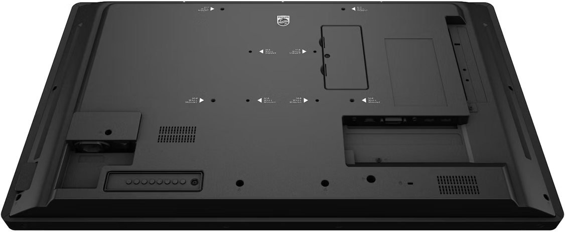 Die Rückseite eines schwarzen Flachbildfernsehers. Es hat verschiedene Anschlüsse, Befestigungslöcher und ein Philips-Logo.