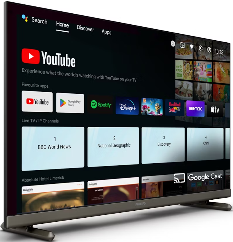 Ein Philips Smart-TV zeigt die YouTube-App an. Der Bildschirm zeigt App-Symbole wie Netflix, Disney+ und BBC News mit dunklem Hintergrund.