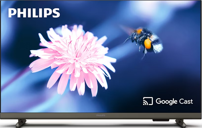 Philips-Fernseher zeigt eine rosa Blume und eine Biene. Google Cast-Logo unten rechts. Der Hintergrund ist unscharf.