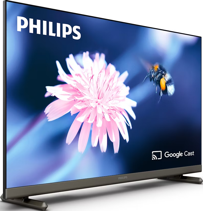Ein Philips-Fernseher zeigt eine Blume und eine Biene. Der Bildschirm zeigt eine rosa Blume und eine Biene. Der Fernseher steht auf einem Ständer.
