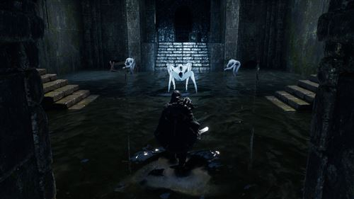 A figure stands in a flooded chamber, facing monstrous, white spider-like creatures. Stone steps and a gate are in the background.