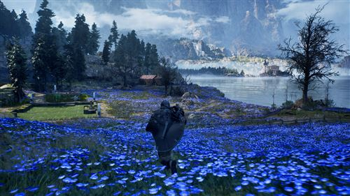 A figure walks through a field of blue flowers toward a lake. Mountains and trees are in the background, under a cloudy sky.