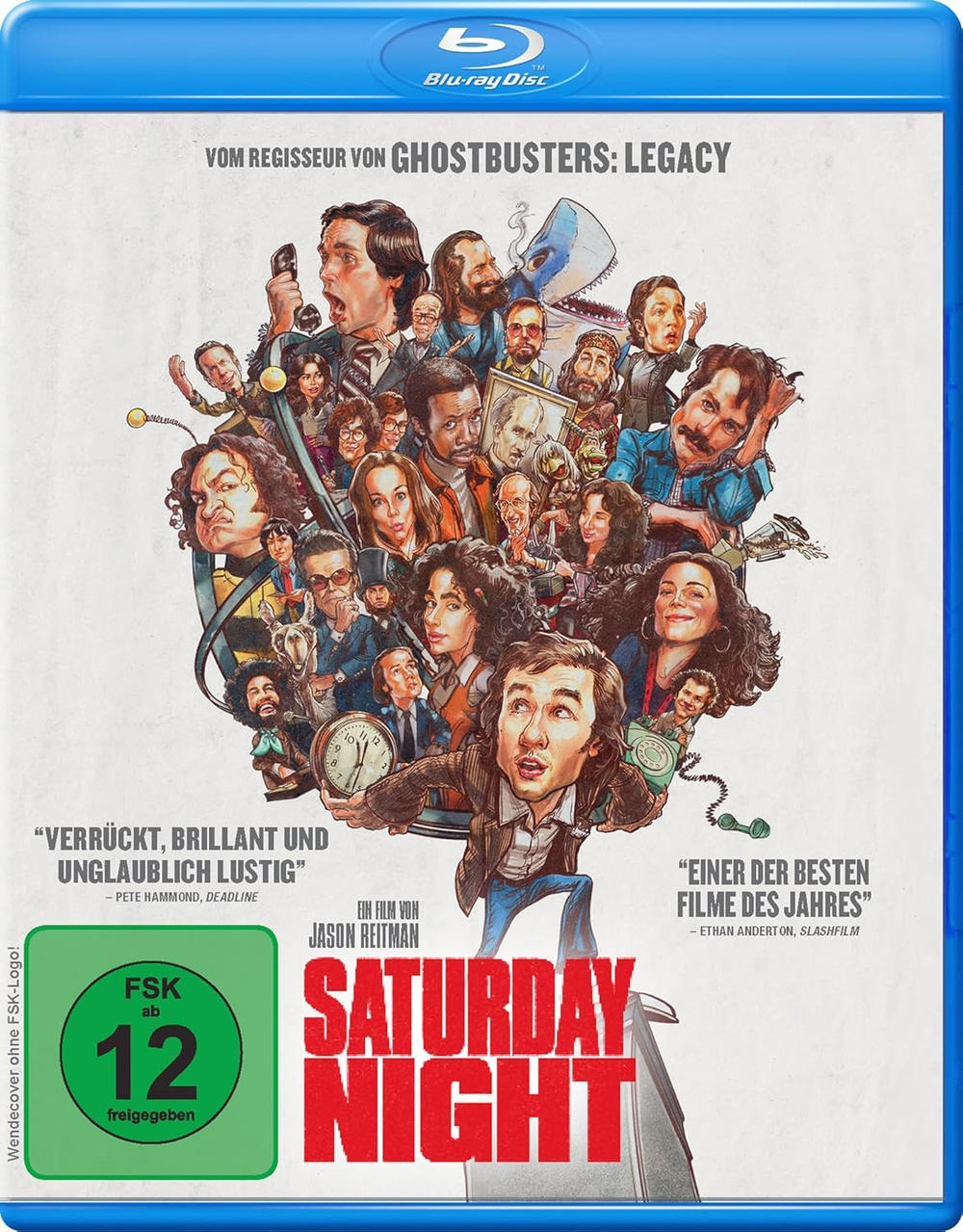 Blu-ray-Cover für Saturday Night, unter der Regie von Jason Reitman. Enthält eine Collage von Charakteren, Text mit der Aufschrift „verrückt, brillant und unglaublich lustig“.