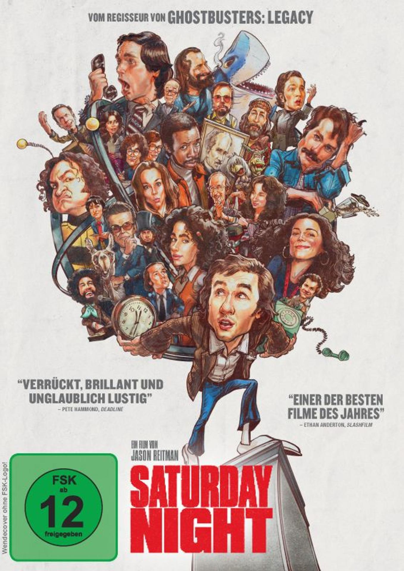 Filmplakat für Saturday Night. Zeigt eine Collage von Gesichtern, mit einem Mann, der eine Uhr hält. Text enthält Filmtitel und Bewertungen.