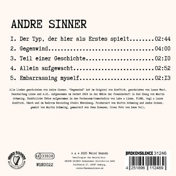 Albumcover mit dem Titel „Andre Sinner“ und Trackliste. Enthält Logos des Schallplattenlabels und Barcode unten.