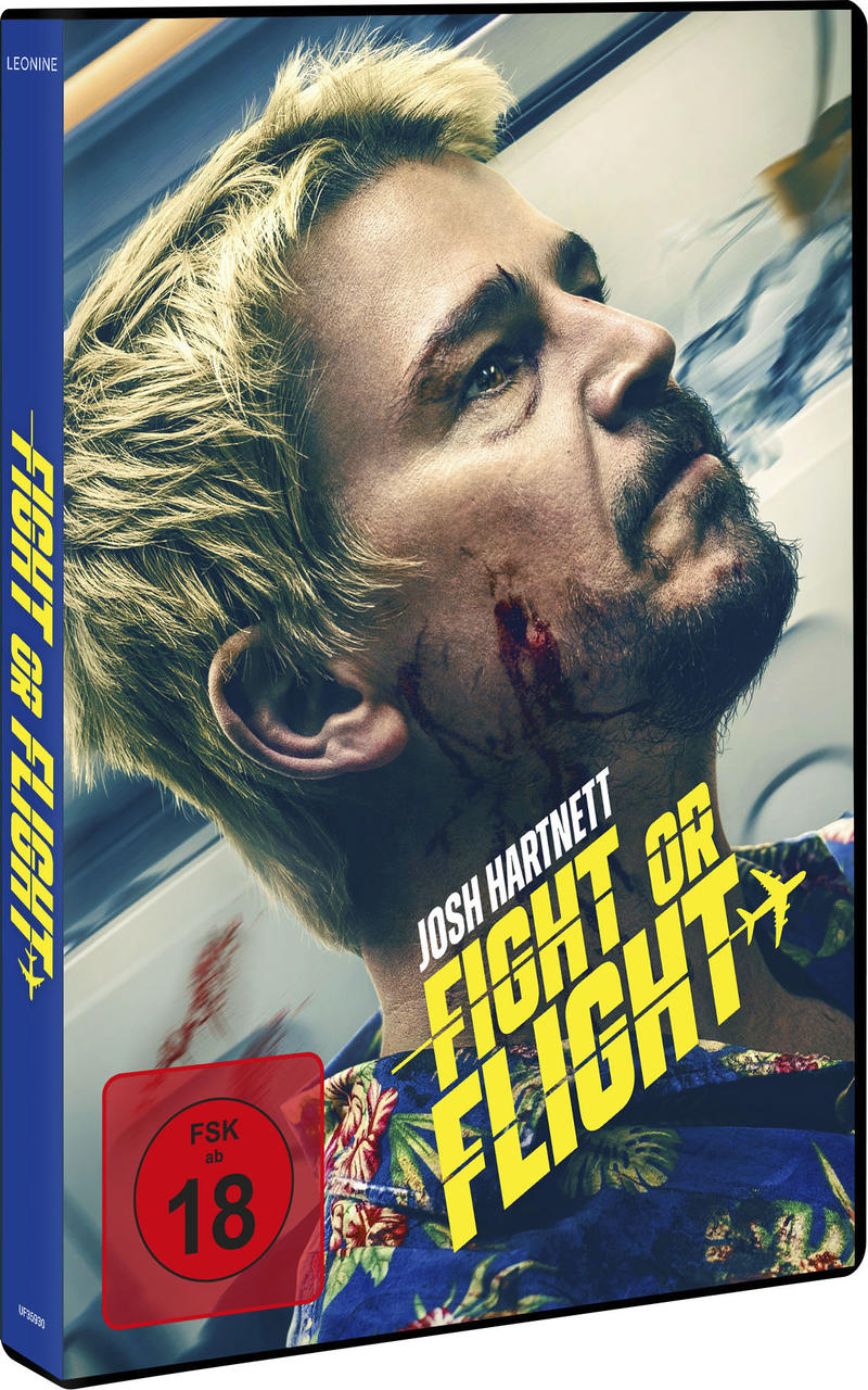 DVD-Cover: Josh Hartnett in 'Fight or Flight'. Er hat Gesichtsverletzungen. Titel und Flugzeugsymbol in Gelb. FSK 18 Aufkleber.
