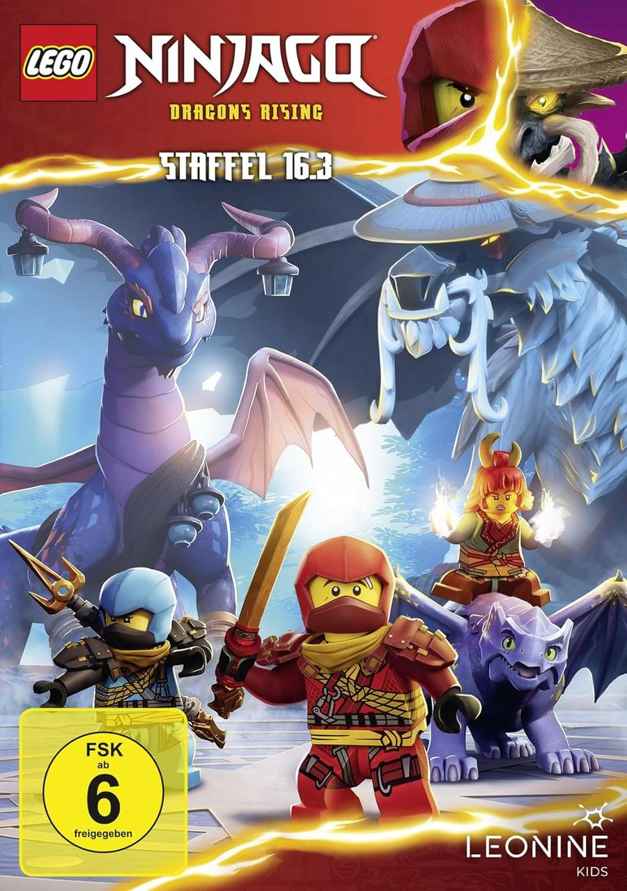 LEGO Ninjago Dragons Rising DVD-Cover. Figuren und Drachen sind abgebildet, mit rotem und gelbem Farbschema und der Zahl 6.